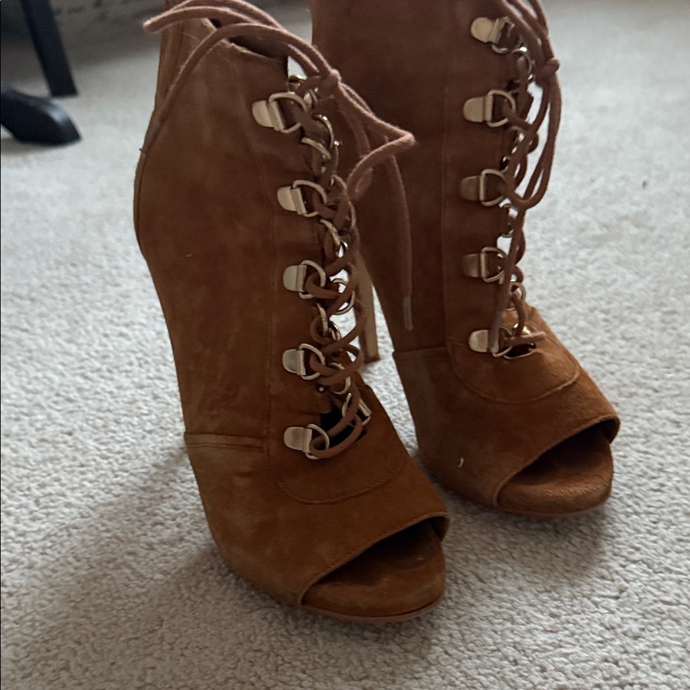 Guess Tan Lace-Up Peep Toe Boots